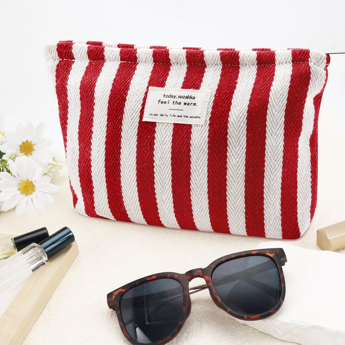 ZLFSRQ Striped Makeup Bag Large Canvas Travel Makeup Bag for Women Cosmetic Pouch Cute Red Striped Make Up Pouch for Purse Y2k Aesthetic Trendy Zippered Toiletry Bags Gift Skincare Storage Organizer - thewildfolk ZLFSRQ Striped Makeup Bag Large Canvas Travel Makeup Bag for Women Cosmetic Pouch Cute Red Striped Make Up Pouch for Purse Y2k Aesthetic Trendy Zippered Toiletry Bags Gift Skincare Storage Organizer