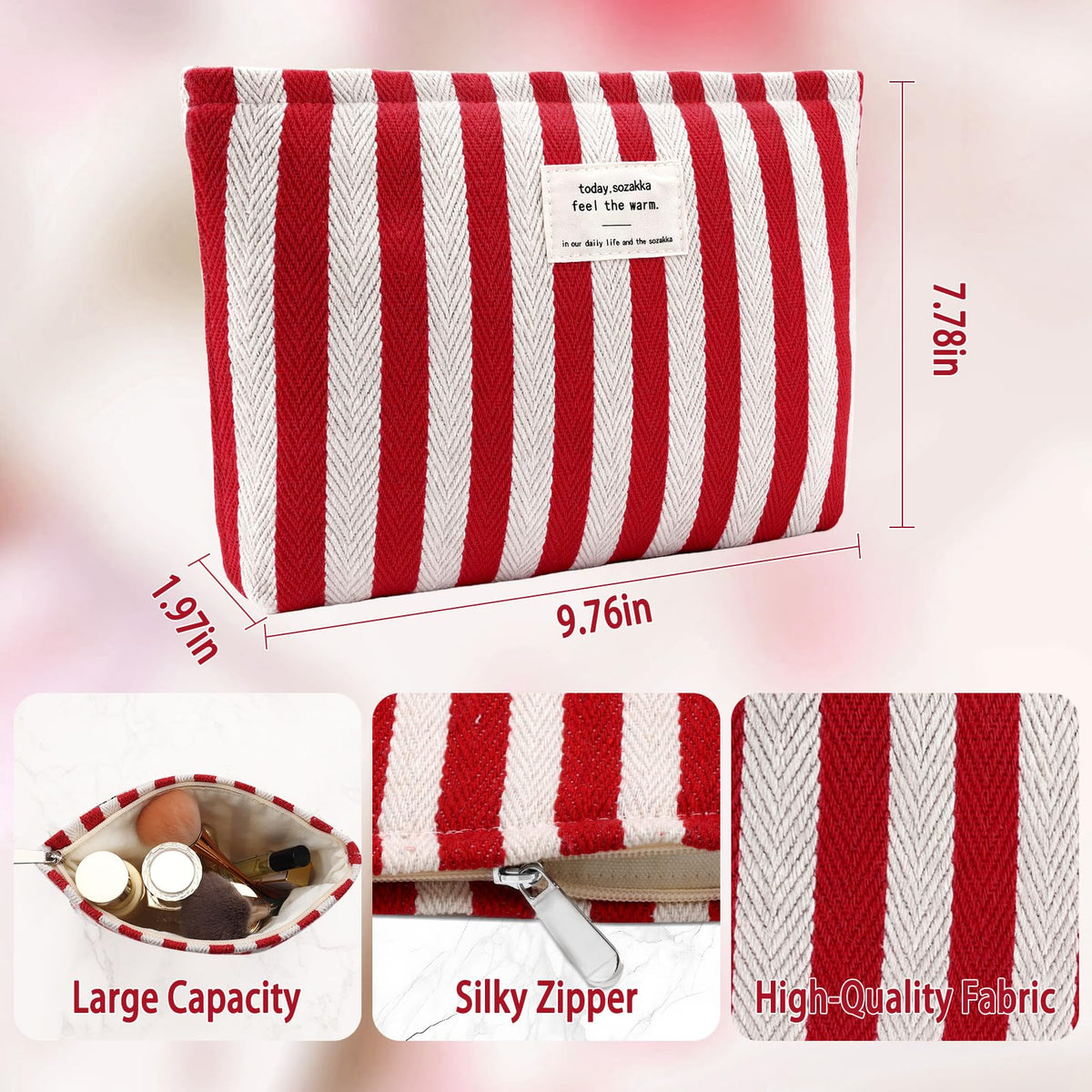 ZLFSRQ Striped Makeup Bag Large Canvas Travel Makeup Bag for Women Cosmetic Pouch Cute Red Striped Make Up Pouch for Purse Y2k Aesthetic Trendy Zippered Toiletry Bags Gift Skincare Storage Organizer - thewildfolk ZLFSRQ Striped Makeup Bag Large Canvas Travel Makeup Bag for Women Cosmetic Pouch Cute Red Striped Make Up Pouch for Purse Y2k Aesthetic Trendy Zippered Toiletry Bags Gift Skincare Storage Organizer